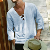 Riolio  New Summer Men's Long Sleeved Oversized T-shirt Linen Clothes V Neck Lace-up Loose Top Tee Male Shirt Beach Casual Pullover