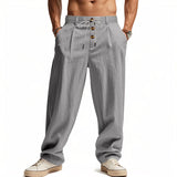 Riolio  Men's High Waist Linen Wide Leg Pants with Button Detail Elastic Drawstring Casual Trousers for Men