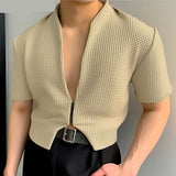 Riolio 2024 Men Shirt Solid Color V Neck Short Sleeve Zipper Streetwear Men Clothing Stylish Casual Irregular Crop Tops S-5XL
