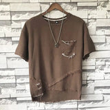 Riolio  Fashion O-Neck Pockets Irregular Hole Tassel T-Shirts Men's Clothing Summer New Loose Casual Tops Asymmetrical Tee Shirt