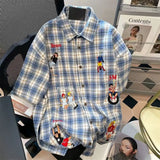 Riolio Men and women trendy retro checkered short sleeved embroidered shirt American summer couple loose casual short sleeved shirt Y2K