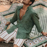 Riolio  Men's Spring Summer Lightweight Shirt Long Sleeve Simple Basic Style Shirts Turn-down Collar Single Breasted Beach Tops