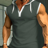 Riolio  Summer Tank Top for Men American Retro Handsome Loose Casual Simplicity Solid Color Button Hooded V Neck Sleeveless Chic Tops