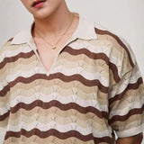 Riolio  Fashionable Hollow Out Knitting Mens Polo Shirt Summer Casual Turn-down Collar Short Sleeve Tops Men Stylish Striped Polo Shirts
