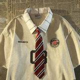 Riolio  American Sle  Tie Fake Two-Piece ort Sve T-irt Women Summer New Loose College Sle f Sve Top Cotton Printed