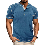 Riolio  Men's Grey Henley Neck Short Sleeve T-Shirt with Contrast Stitching Chest Pocket Casual Muscle Fit Top