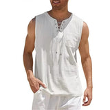 Riolio  Cotton Linen Shirts For Men Casual Solid Color Vest Lace Up Sleeveless Shirts V-Neck Tank Tops Baggy Shirt Male Lightweight Tees
