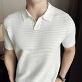 Riolio Men's Polo Shirt Summer New Thin Knitted Hollow Striped Jacquard Solid Short Sleeved V-neck T-shirt Casual Men's Clothing