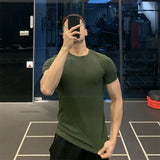 Riolio  Ice Silk High Elastic Quick-drying Sports Short-sleeved Solid Color Fitness Clothes Men's Tight Round Neck T-shirt