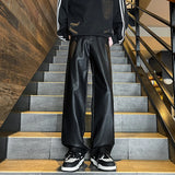 Riolio  Autumn Winter Men's PU Leather Motorcycle Pants Coffee/Black Men Wide-leg Mopping Trousers All-match Windproof Plus Size 8XL-M