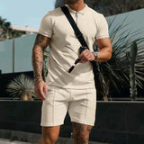 Riolio New Men's Suit Summer Casual Sportswear Waffle Solid Color Loose Lapels T-shirt and Shorts Two-Piece Set Free Shipping