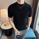 Riolio Summer Knitted Elasticity T Shirt Men Half High Collar Short Sleeve Casual Slim Fit Sweater Tops Tees Social Club T-Shirt