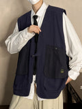 Riolio Loose Fit Japanese Workwear Vest Men's Spring Vintage Large ket Casual Svel V-Ne Jaet Youth Faion