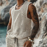 Riolio 2024 Men's Summer Casual Knit Two-piece Sets Fashion Solid Loose Tank Tops and Shorts Beach Sport Suit Men Hollow Out Streetwear