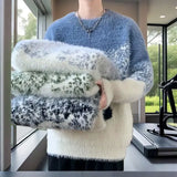 Riolio  Autumn Winter Gradient Color New Hong Kong Style Round Neck Sweater Men's Knitted Warm Pullovers