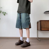 Riolio Mens Loose Fit Summer Denim Shorts Elastic Waist Washed Blue Side Personality Design Casual Comfortable Fashion Trendy Outdoor