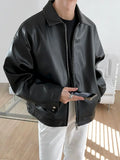 Riolio  Black PU Leather Oversized Coats Collar Zip-Up Men's Jacket Korean Style Faux Leather Casual Bomber Biker Jacket