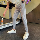 Riolio  New Summer High-end Casual Minimalist Design, High Waisted Drawstring Vertical Stripe Solid Color Harlan Pants for Men