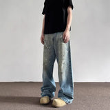 Riolio Spring and Autumn Men and Women Trendy Personalized Straight Tube Inkjet Laundry Jeans American Couple Loose Retro Casual Pants