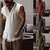Riolio Men Vest Solid Color Casual Leisure Individual Old Style Loose Type Ripped Edge V Neck Sleeveless Men Tank Top Daily Clothes