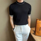Riolio Men's Clothing Fashion Patchwork Tops Luxury High Quality Knit O Neck Short-sleeved T-shirt Leisure Popular Retro Slim Knitwear