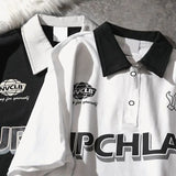 Riolio  Summer American Vintage Letter Large Polo Shirt Men Women's Loose Cotton Versatile Couple Trun Down Collar Short Sleeve T-shirt