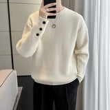 Korean New Autumn And Winter Sweaters Men's O-Neck Solid Button Trend Fashion Casual Loose Long Sleeve Knitted Pullovers Tops