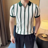 Riolio  Korean Fashion Men Polo Shirts Summer Trend Smart Casual Lapel Striped Contrast Color Half Zipper Short Sleeve Slim Knitted Tops