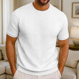 Riolio  European American Men's Short-sleeved T-shirt Jacquard Sweater Round Neck Ribbed Pullover Top