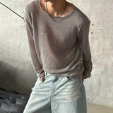Riolio  Mens Ripped Knitted Nightclub T-Shirt Streetwear Fashion Personality Hollow Trend Casual Long-Sleeve Top Men'S Clothing New