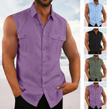 Riolio Leisure Men's Cotton Linen Tank Tops Spring Summer Casual Solid Color Buttoned Lapel Sleeveless Vest Shirt Fashion Camisole