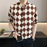 Riolio  High-end Diamond Plaid Shirt for Men's Short-sleeved Handsome New Ice Silk