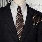 Riolio  2PCS Neck Tie Set Men Luxury Soft Cotton Neckties Brown Striped Pocket Square British Style Gentleman Tuxedo Shirt Accessories