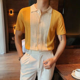 Riolio  Korean Summer Men Knitted Shirts Streetwear Fashion Male Clothes New Contrast Color Slim Fit Short Sleeve Business Casual Tops