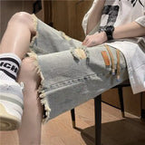 Riolio  Mens Distressed Denim Shorts Elastic Waist Drawstring Frayed Hem High Street Trendy Casual Fashion Street Style Urban Hip Hop