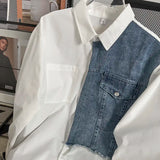 Riolio Japanese High-end Denim Jacket Spliced Long-sleeved Shirt Men's Niche Design Sense High Street Couple Loose Casual White Shirt