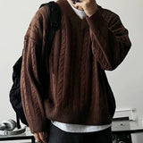 Riolio  New American Retro Men Jacquarded Sweater Casual V Neck Solid Color Long Sleeve Knitwear Premium Quality Knitted Pullovers M-2XL