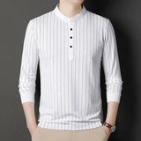 Riolio  Men Long Sleeve Spring Autumn Fashion Polo Shirts Stand Collar Business Half Open Collar Bottoming Striped Slim Comfortable Tops