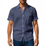 Riolio  Cross-border Men's Hawaiian Style Flax Casual Henry Neck Lapel Casual Short Sleeve Shirt