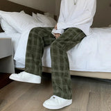 Riolio Mid-Rise Elastic Waistband Men Pants Pockets Straight Wide Leg Casual Trousers Plaid Print Drawstring Loose Corduroy Pants