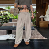 Riolio New Retro Fashion Men Suit Pants Light Luxury Draped Baggy Belt Button-down Solid Color Straight Trousers Elegant Dress Pants