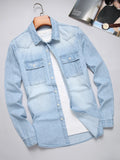 Riolio  Pure cotton washed blue denim shirt for men - loose fit, trendy, cardigan style, fashionable and casual top