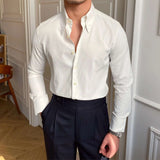 Riolio Spring Leisure British Business Shirt Design British Men Cuba Collar Slim Solid White Shirt Camisa Social Masculina Men Shirt