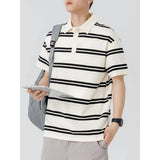 Riolio  Men Beige Black Striped Short Sleeve Polo Shirt Loose Casual Cotton Blend Summer Top