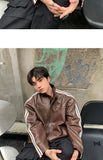 Riolio Retro Leather Jacket Men Women  American Patchwork Strip Racing Outerwear Loose Hip Hop Zippers Brown PU Coat Streetwear Spring