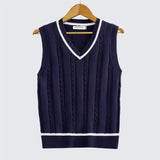 Riolio  Striped White Knitted Sweaters for Men Blue Sleeveless Man Clothes V Neck Vest Red Waistcoat Jumpers Sweat-shirt Cigaret Cotton
