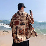 Riolio American high street men and women trendy personalized printed vacation shirts for couples loose beach casual short sleeves y2k