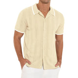 Riolio Summer Beach Breathable Hollow Out Shirts Men Casual Short-sleeved Button Lapel Knit Shirt Vintage Patchwork Knitting Cardigans