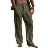 Riolio New Men's Cotton Linen Pants Summer Solid Color Breathable Linen Trousers Summer elastic waist drawstring loose pants