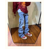 Riolio  American Spring and Autumn Street Men and Women Trendy Zipper Design Straight Tube Washed Jeans Couple Retro Casual Pants y2k
